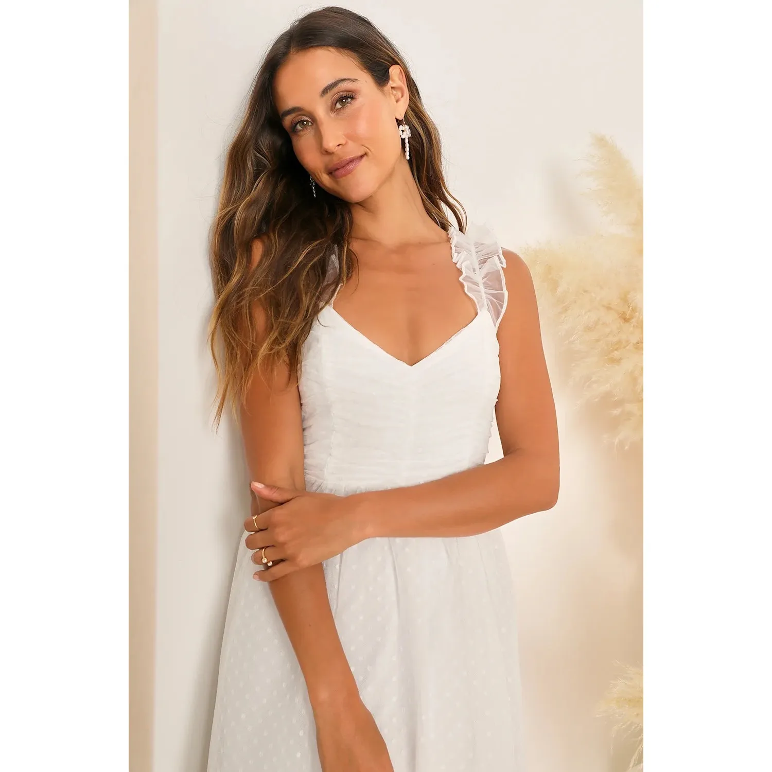 NWT Lulus Forever Celebrated White Swiss Dot Ruched Tulle Midi Dress Size L - Image 8