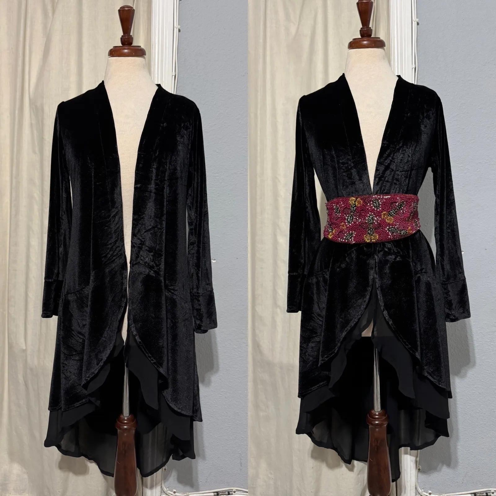 90s Black Velvet Duster Goth Cardigan Waterfall Sheer Hem Open Front Women S - Image 2