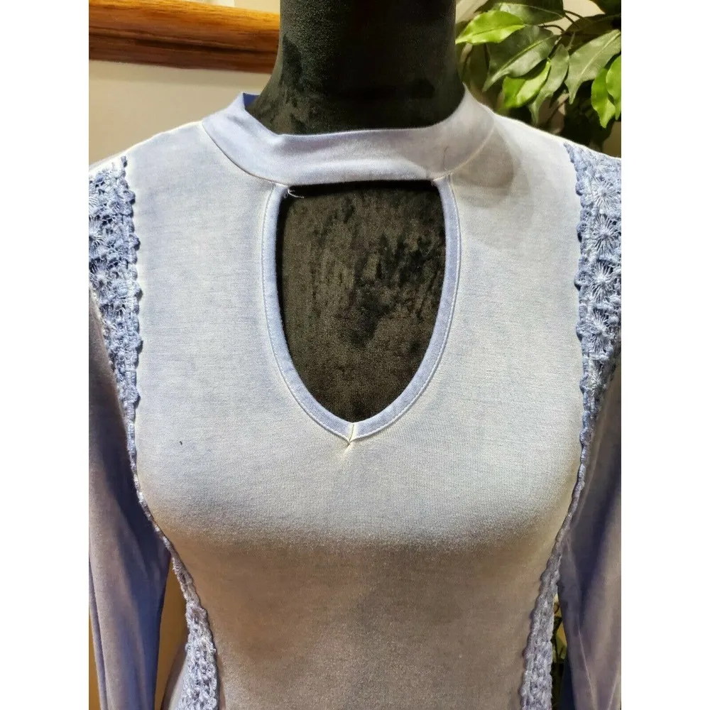 Women's Light Blue Solid Rayon Long Sleeve Mock Neck Casual Knee Length Dress XS - Image 5