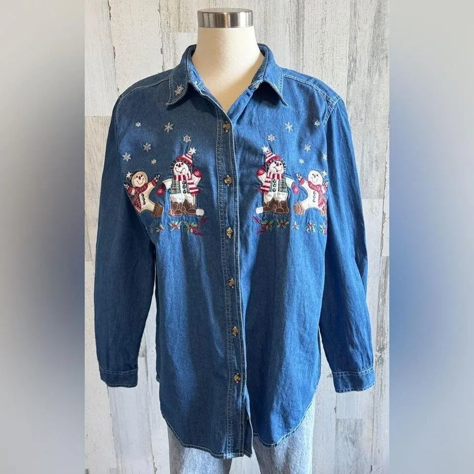 Vintage Snowman Denim Shirt large‎ Embroidered Holiday Button - Image 7