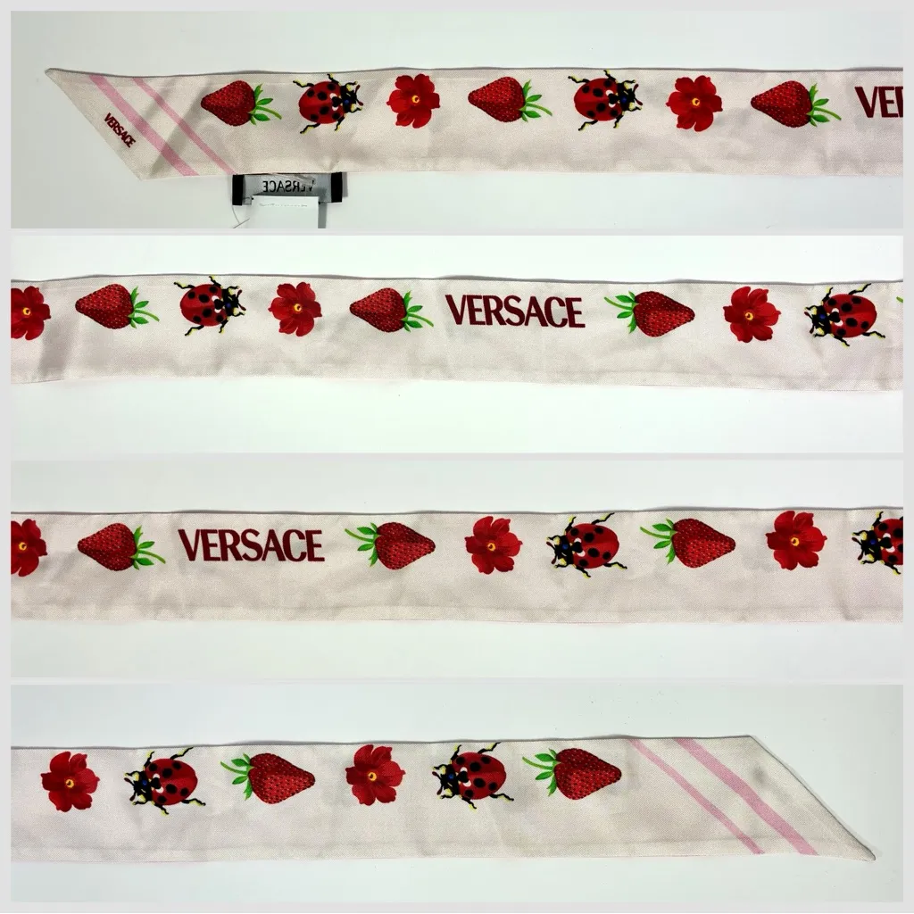 Versace Strawberry Garden Silk Skinny Twill Scarf Tie Logo Pink Red NWT - Image 7