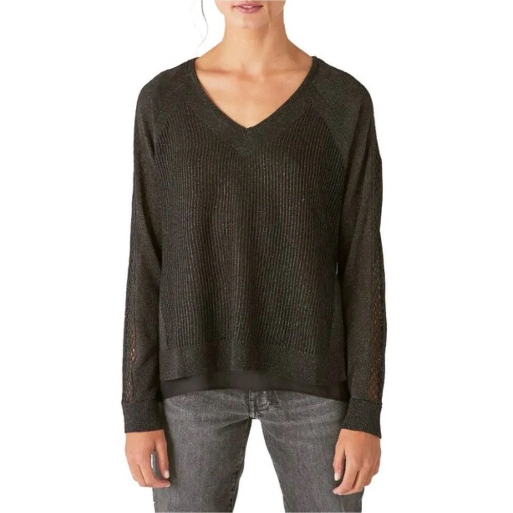 Lucky Brand Linen‎ Sweater | Mixed Media Metallic | S | Mesh Detail | Layered - Image 7
