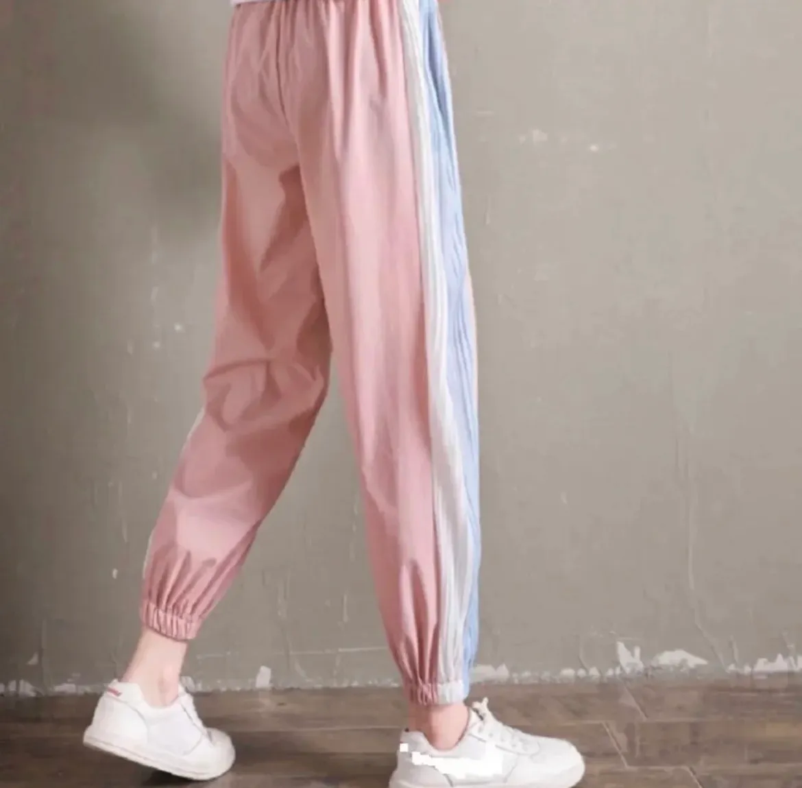Light Pink Pastel Striped High Waisted Track Pants Joggers Size Small - Image 2