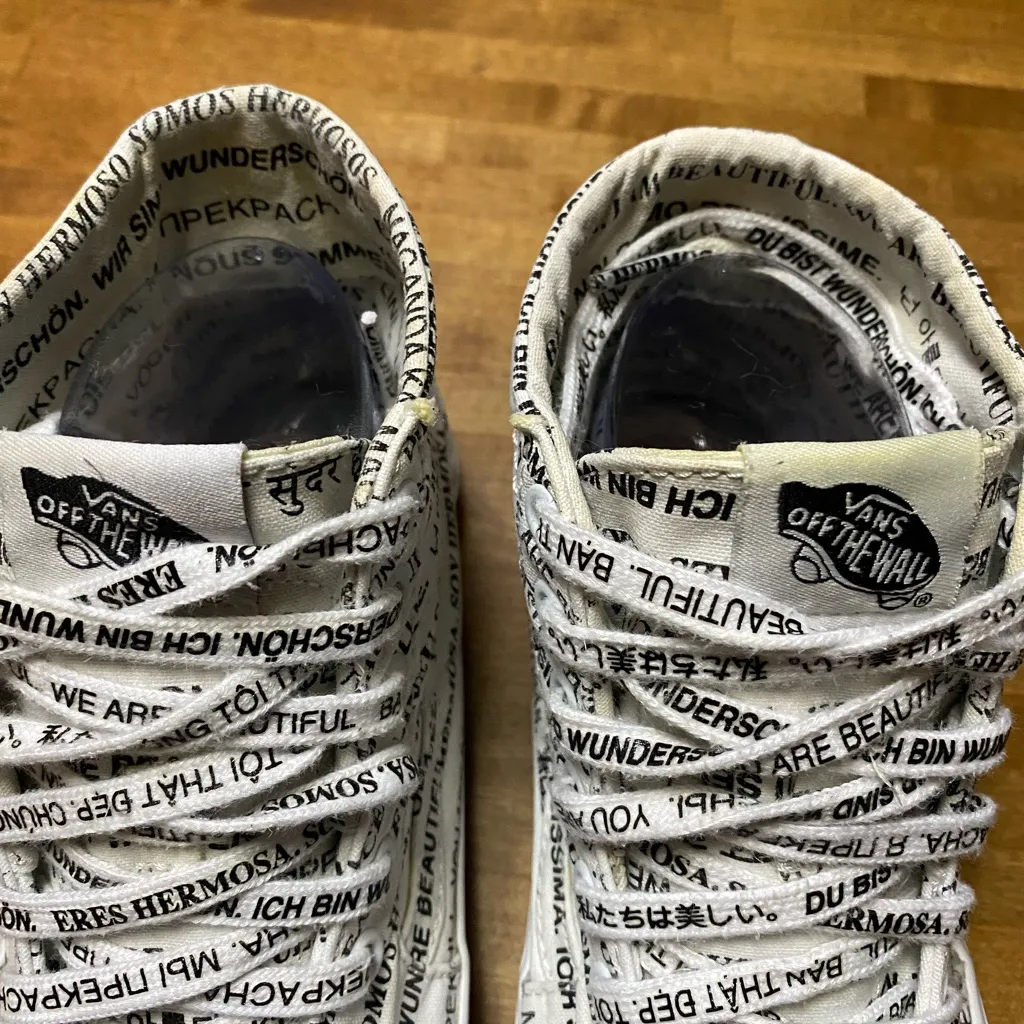 Vans We are Beautiful White and Black Text High-Top Sneakers mens 6.5 womens 8 - Image 3