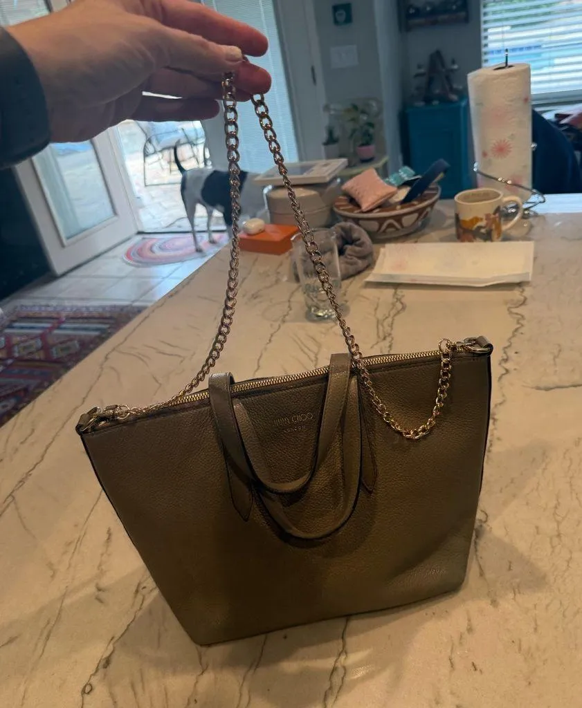 Jimmy Choo Taupe Leather Bria Tote S with Shoulder Strap - Unbranded Chain Strap - Image 9