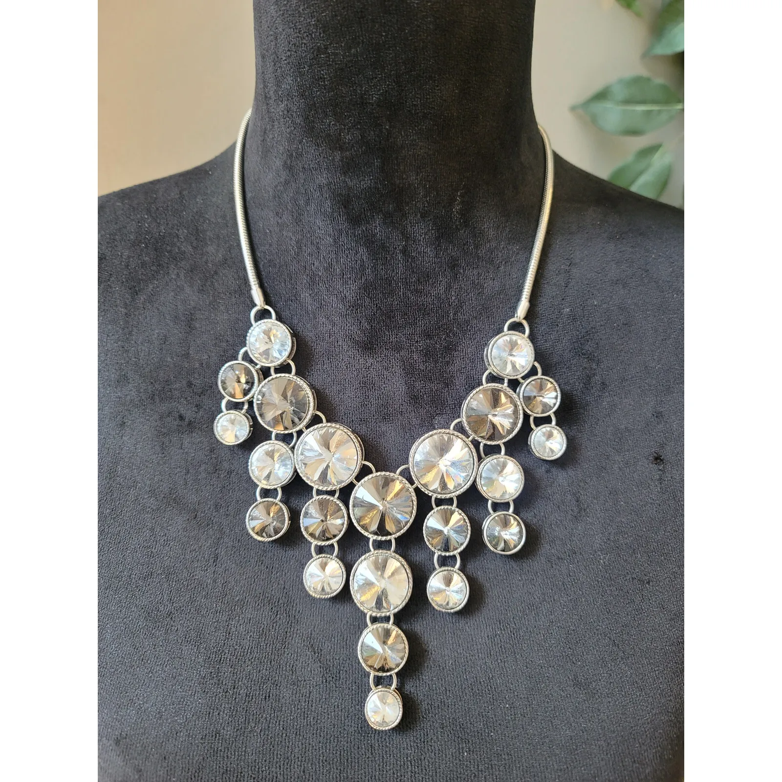 Women's Silver Statement Necklace With Lobster Clasp Layered Disc Crystal Design White - Image 2