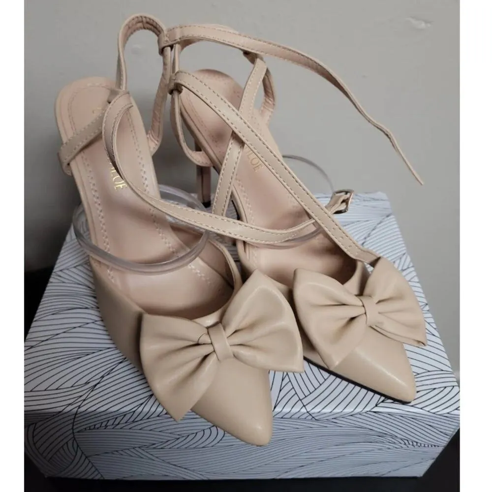 CHASE+CHLOE Halston Sandal Pumps Shoes Beige Color Bow 4.5 in, Size US 8.5M - Image 4