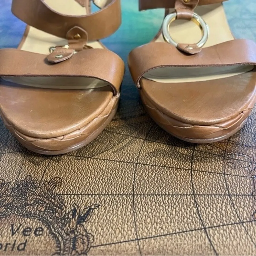 Michael Kors Womens Wedge Leather Strappy Platform Sandal Gold Accent sz 10 - Image 8