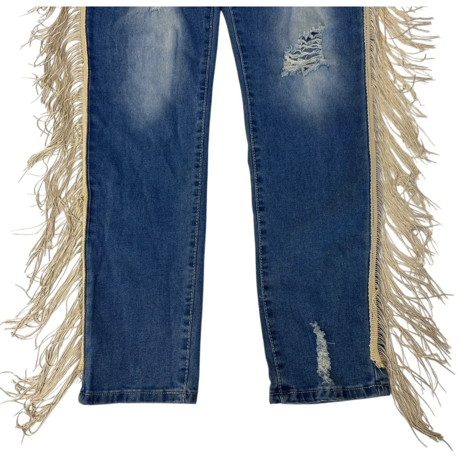COWGIRL WESTERN Fringe Distressed Jeans Side Tasseled Streetwear Size Large Blue - Image 4