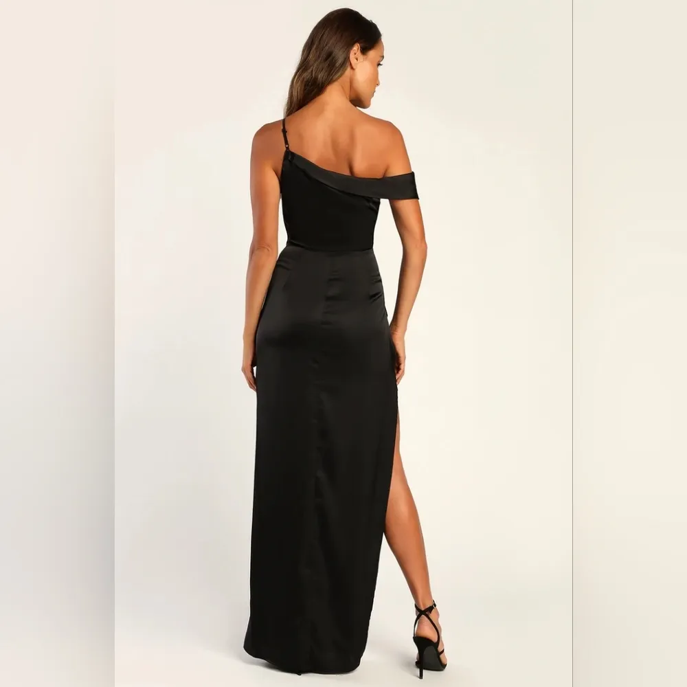 NWT Lulus Lush Love Black Satin Asymmetrical Off-the-Shoulder Dress Sz XL - Image 2