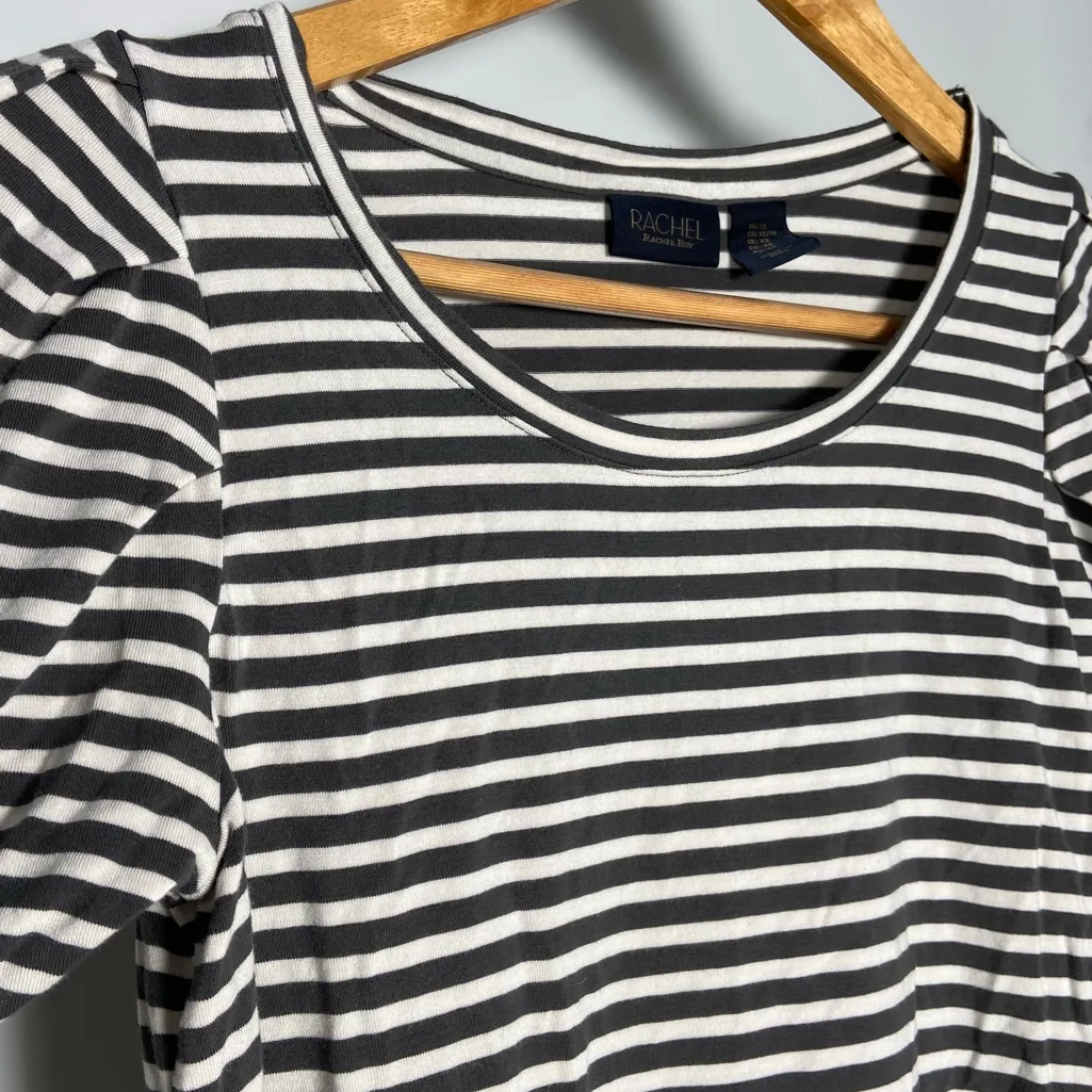 Rachel Roy Striped Top Grey White Puff Sleeve Nautical Fisherman Coastal Grandma Black Size XS - Image 3