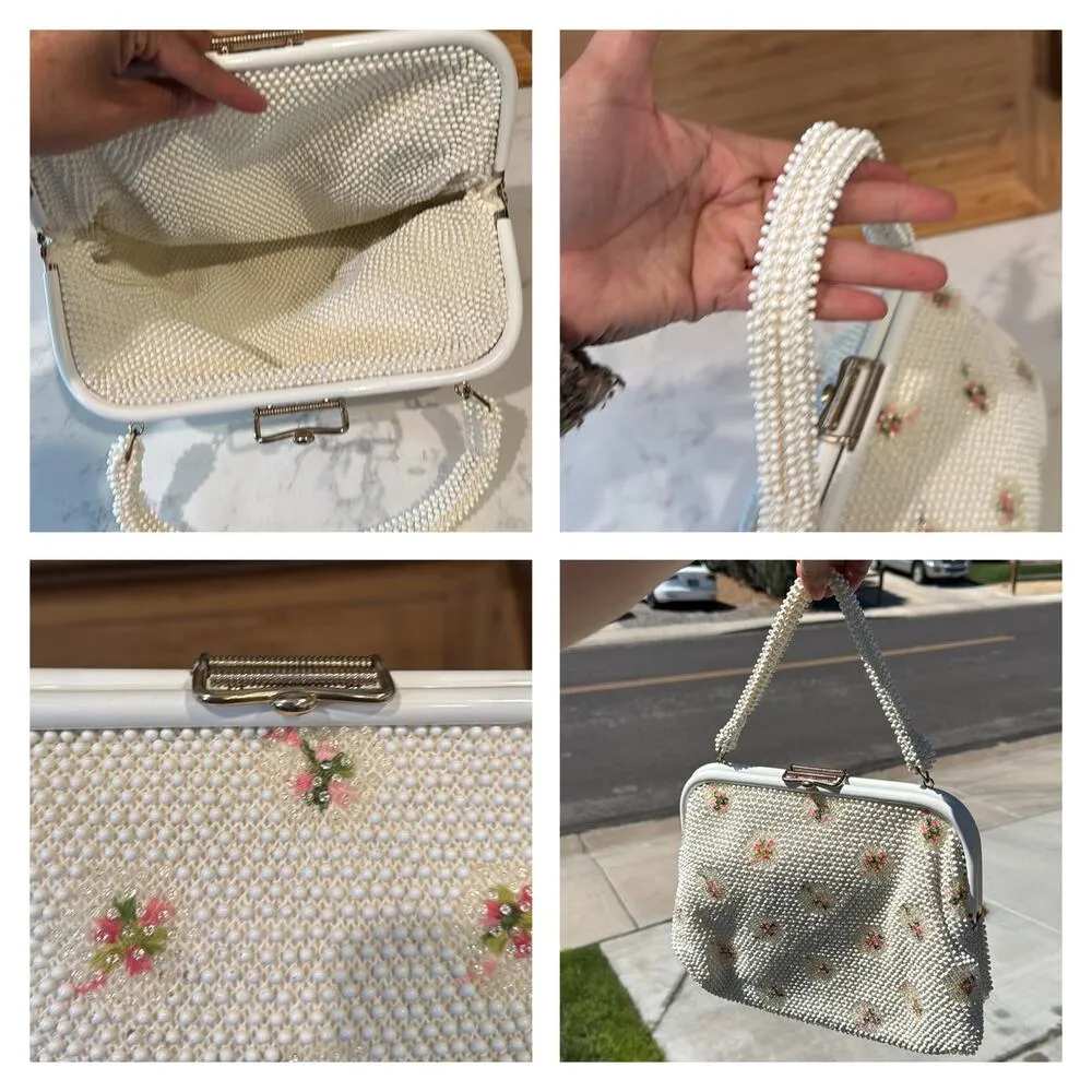 1950s Beaded Reversible Purse Vintage Top Handle Handbag Mid Century cottagecore Pink - Image 4