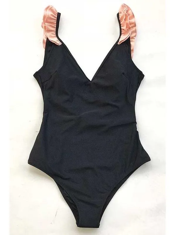 Cupshe Black with Pink Ruffle One-Piece Swimsuit women’s medium EUC bathing suit - Image 5
