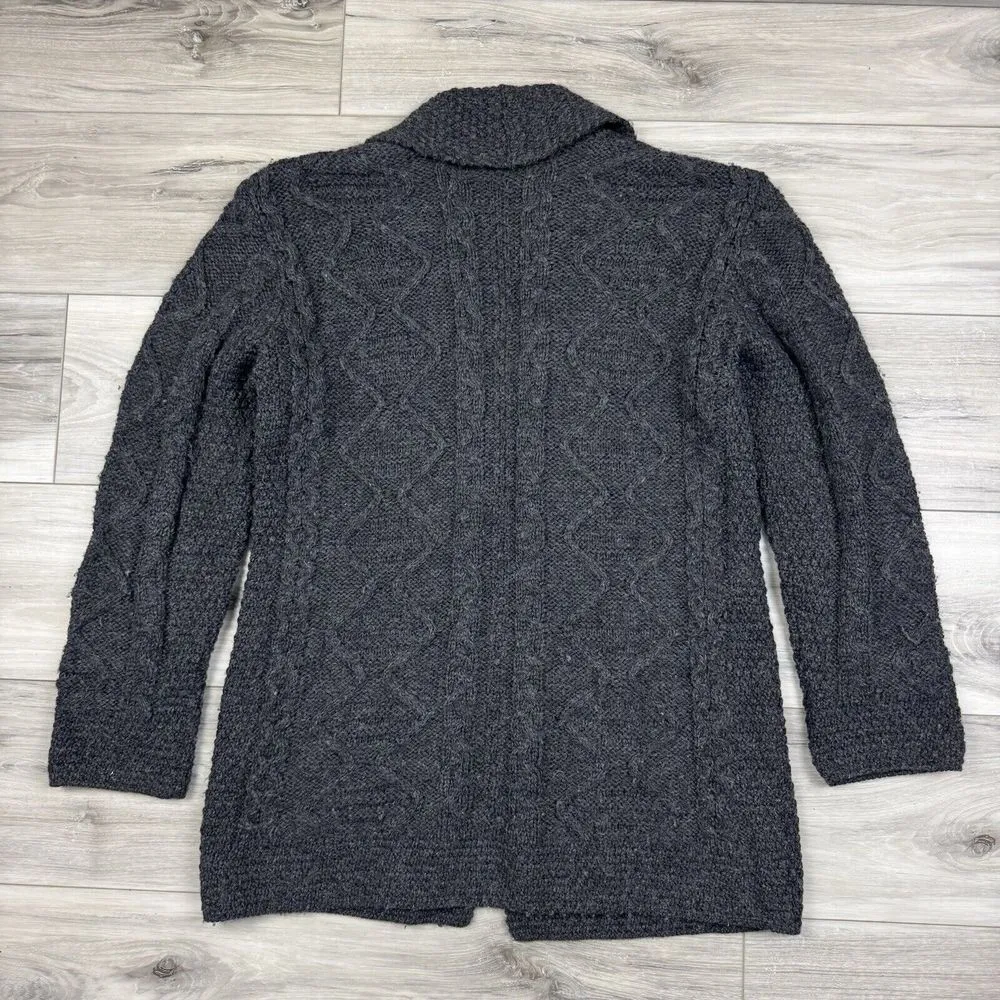 INIS CRAFTS Long Cardigan Sweater Charcoal Gray Merino Wool Irish Fisherman Sz M Size M - Image 3