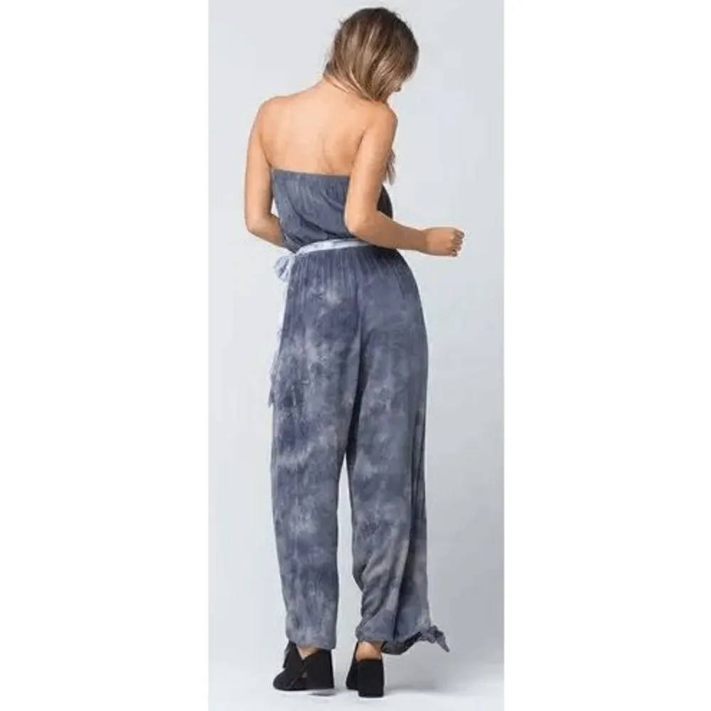 Free People Just Float Gray Blue Strapless Tie Dye Jumpsuit Medium - Image 2