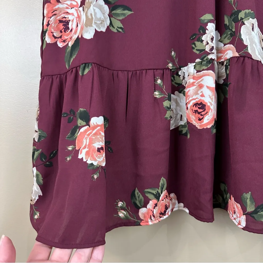 Ophelia Roe Ruffled Burgundy Floral Rose Print Drop Peplum Dress Large - Image 5
