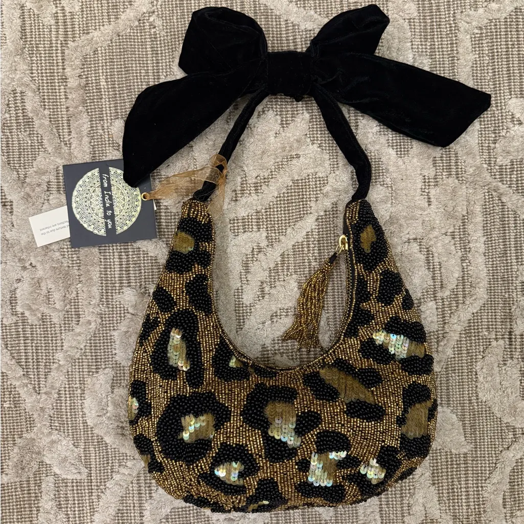 NWT Viral Leopard Cheetah Beaded Sequin Bag Black Velvet Bow Made in India New - Image 2