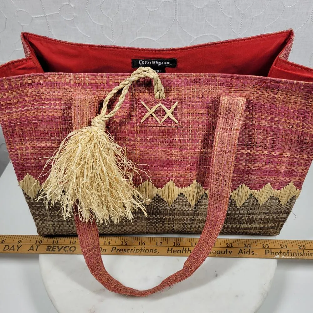 Crossing Pointe Raffia Beach Bag 14" Pink Brown Colorblock Tan Straw Diamond - Image 8