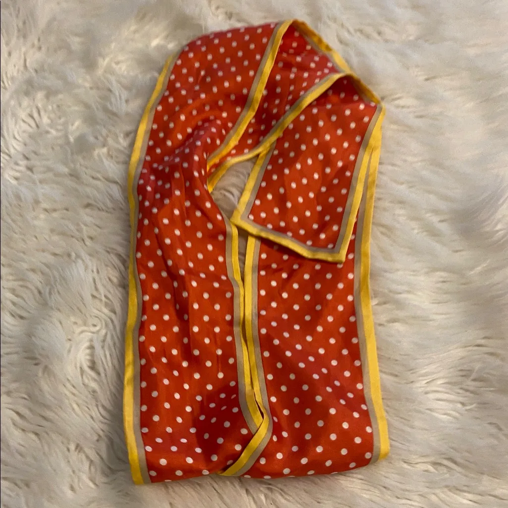 Vibrant Red Polka Dot Scarf with Yellow Edging 100% silk length 65” wide 4” Orange - Image 6