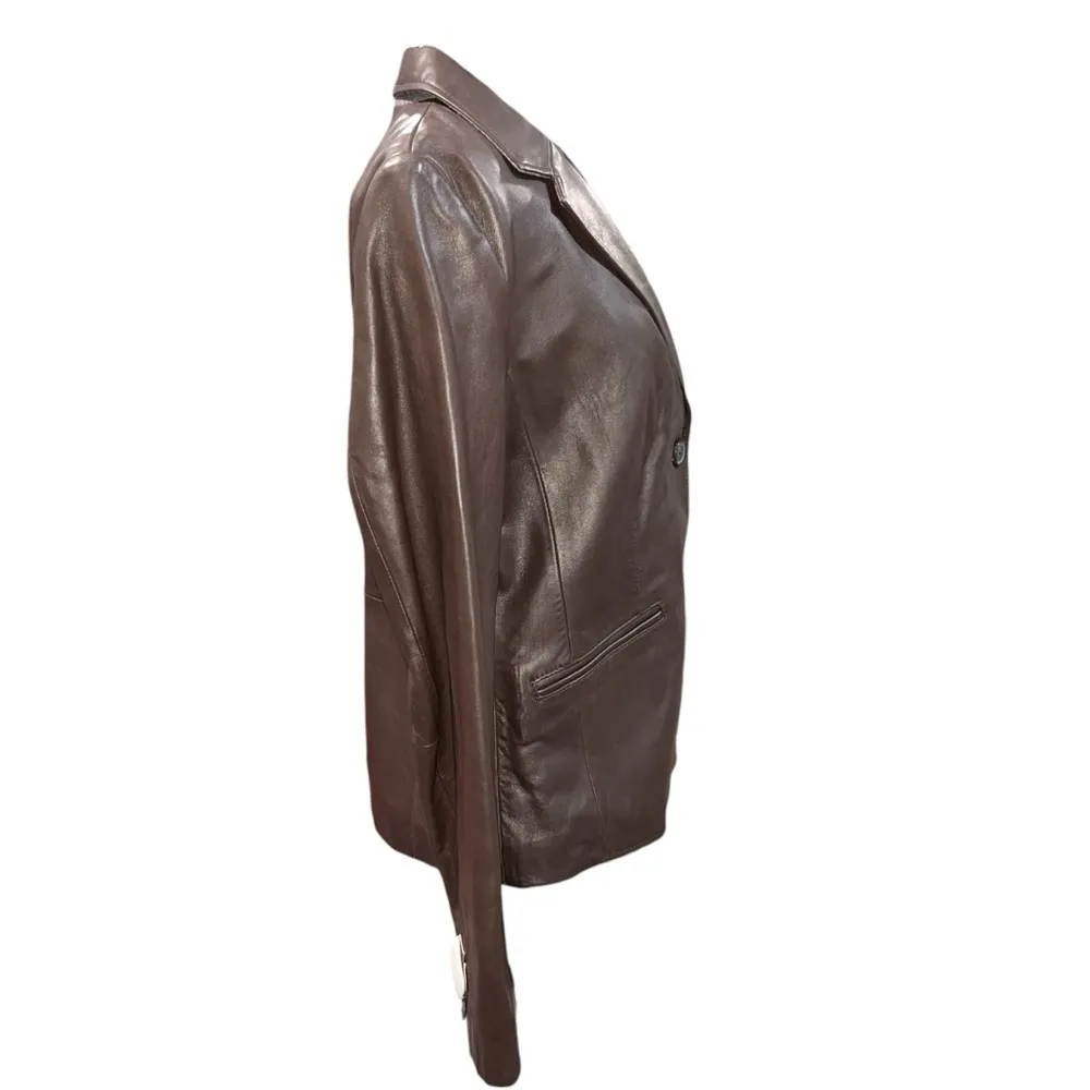 NEW Liz Claiborne Brown 2 Button Lambskin Leather Jacket Blazer Coat size Medium - Image 3
