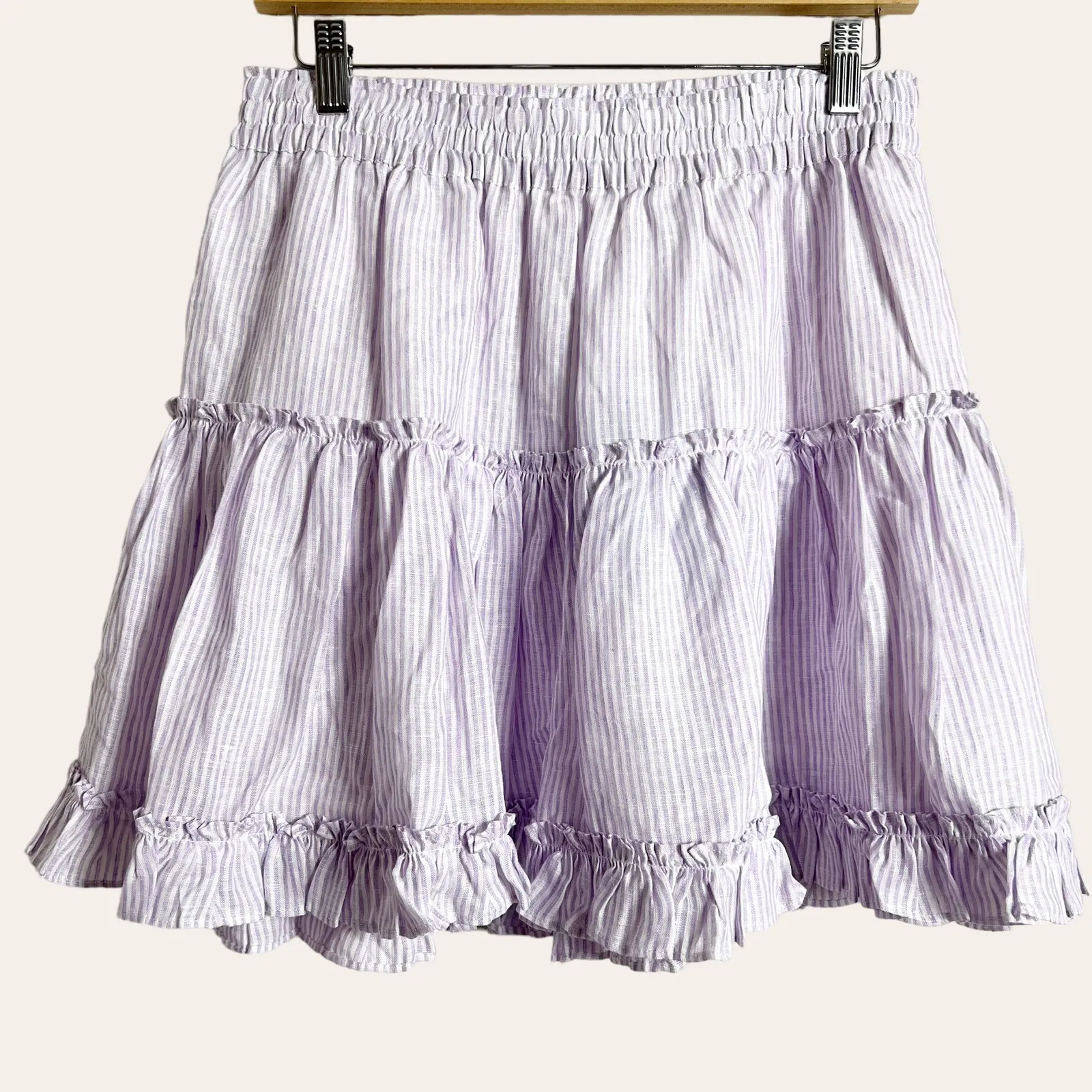 Hill House The Paz Skirt Lilac Stripe Purple Linen Ruffled Tiered Mini XL - Image 2