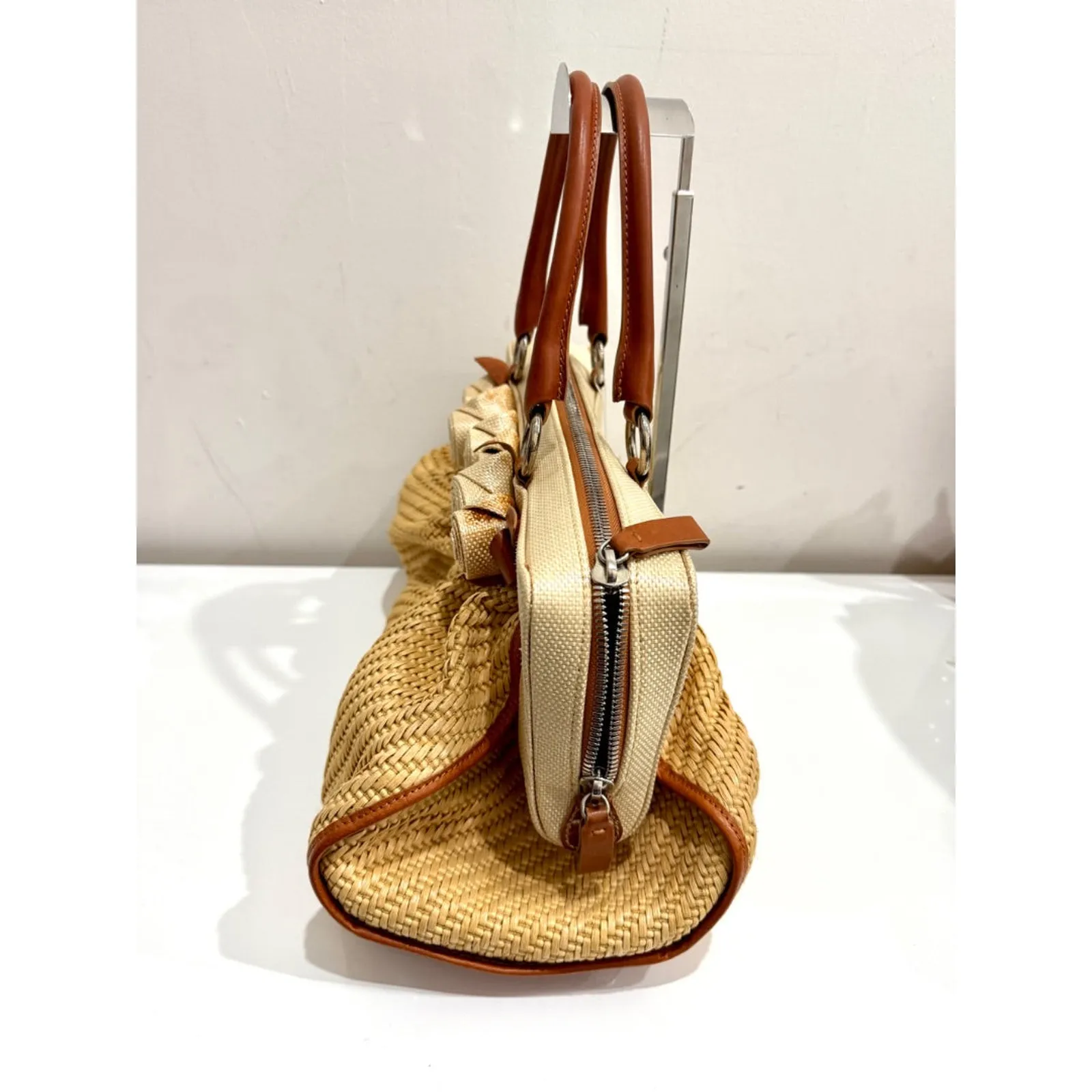 Valentino Garavani Rosette Woven Raffia Canvas Top Handle Bag Natural Beige - Image 4