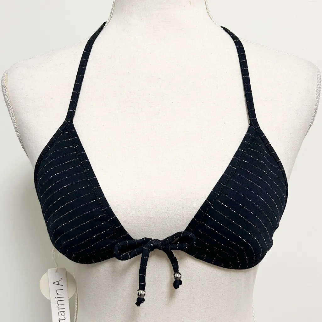 Vitamin A  Black Metallic Silver Tone Stripe Reversible Tie Triangle Bikini Top 4 - Image 2