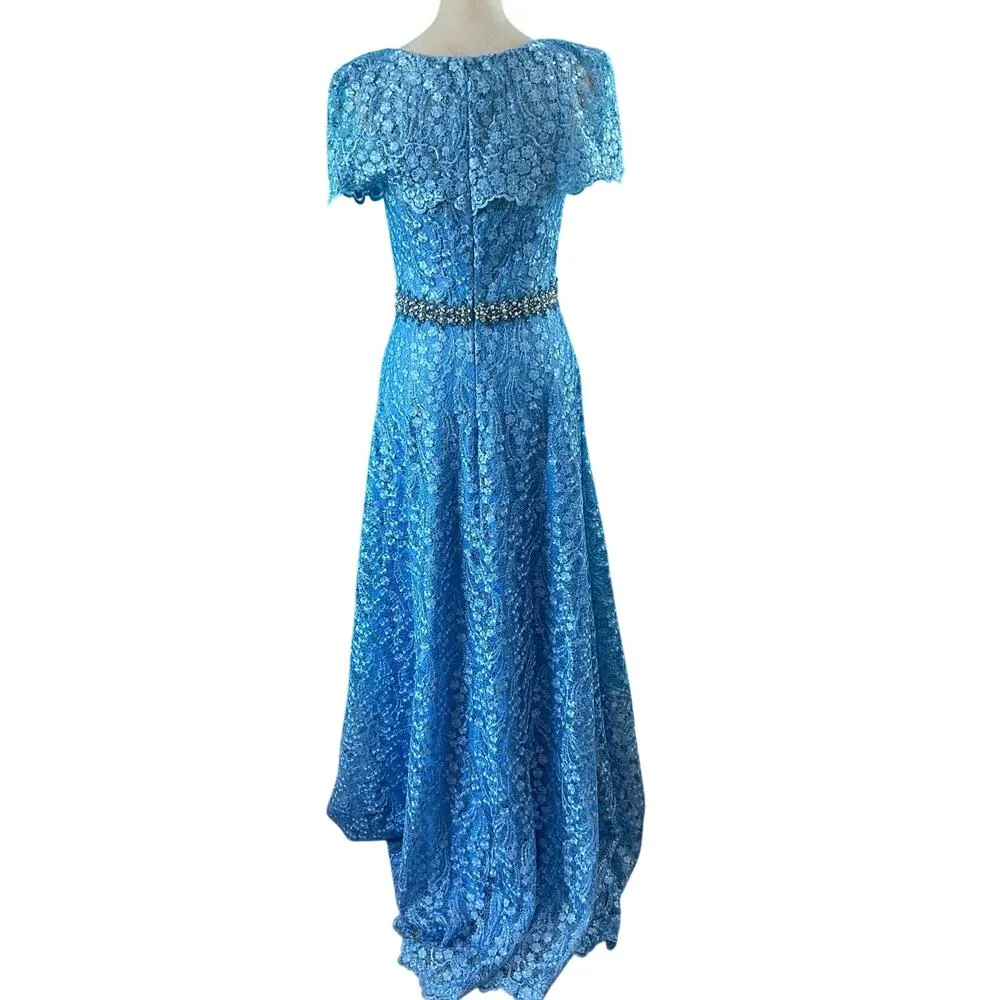 NWT Mac Duggal Blue Lace Ruffled Rhinestone Waist Maxi Gown Formal Prom Size 4 - Image 5