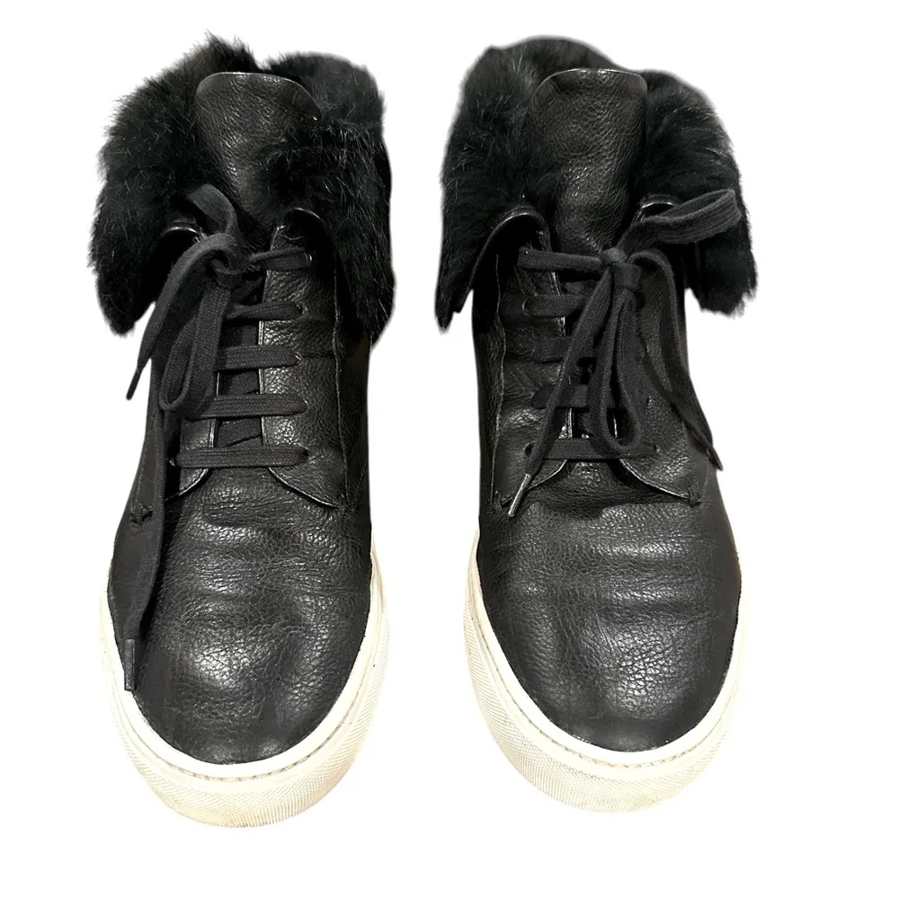 VINCE NYACK LADIES BLACK HIGH TOP RABBIT FUR TRIMMED SNEAKERS 9 - Image 2