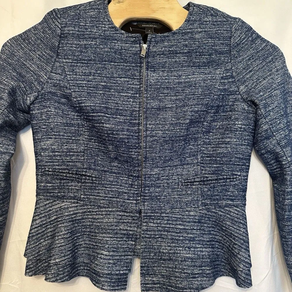 Banana‎ Republic Womens Size 8 Blue Wool Blend Full Zip Jacket Blazer Ruffle Hem - Image 2
