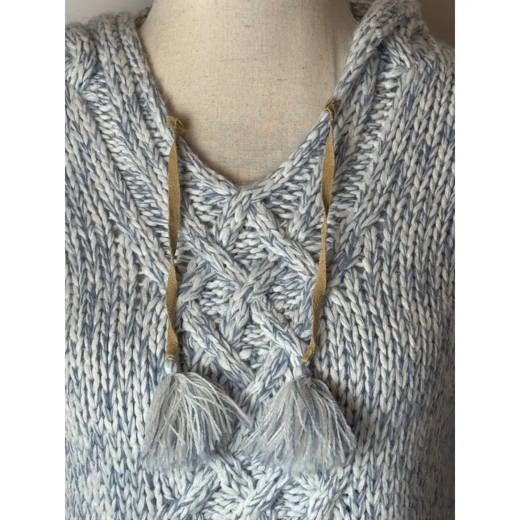 By Next Era Sweater Women Medium Blue White Cable Knit Hooded Pullover Tassel - Image 6