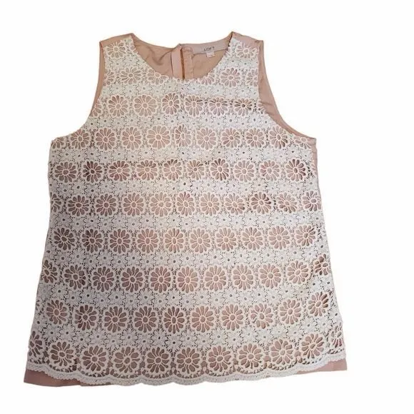 Loft Sleeveless Top Small Floral Crotchet Lace Knit Overlay Nude White - Image 6