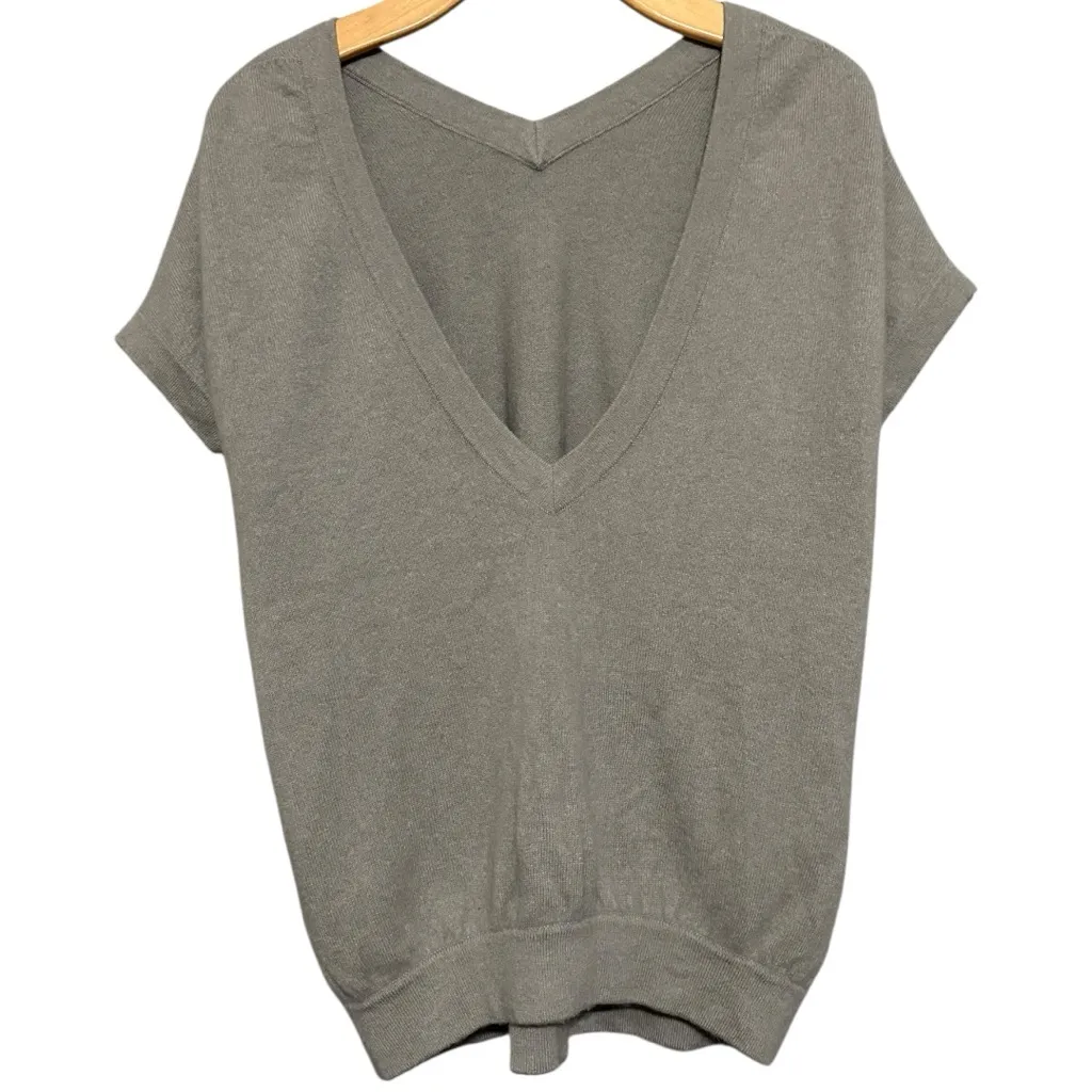 Theory Women’s Sz M Heather Gray Deep V-Neck Back Short Sleeve Cashmere Sweater - Image 2