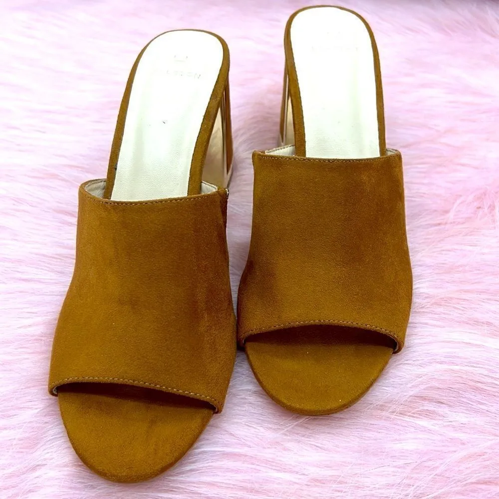 Halston Vegan suede dress sandal gold detail cognac color - Image 7