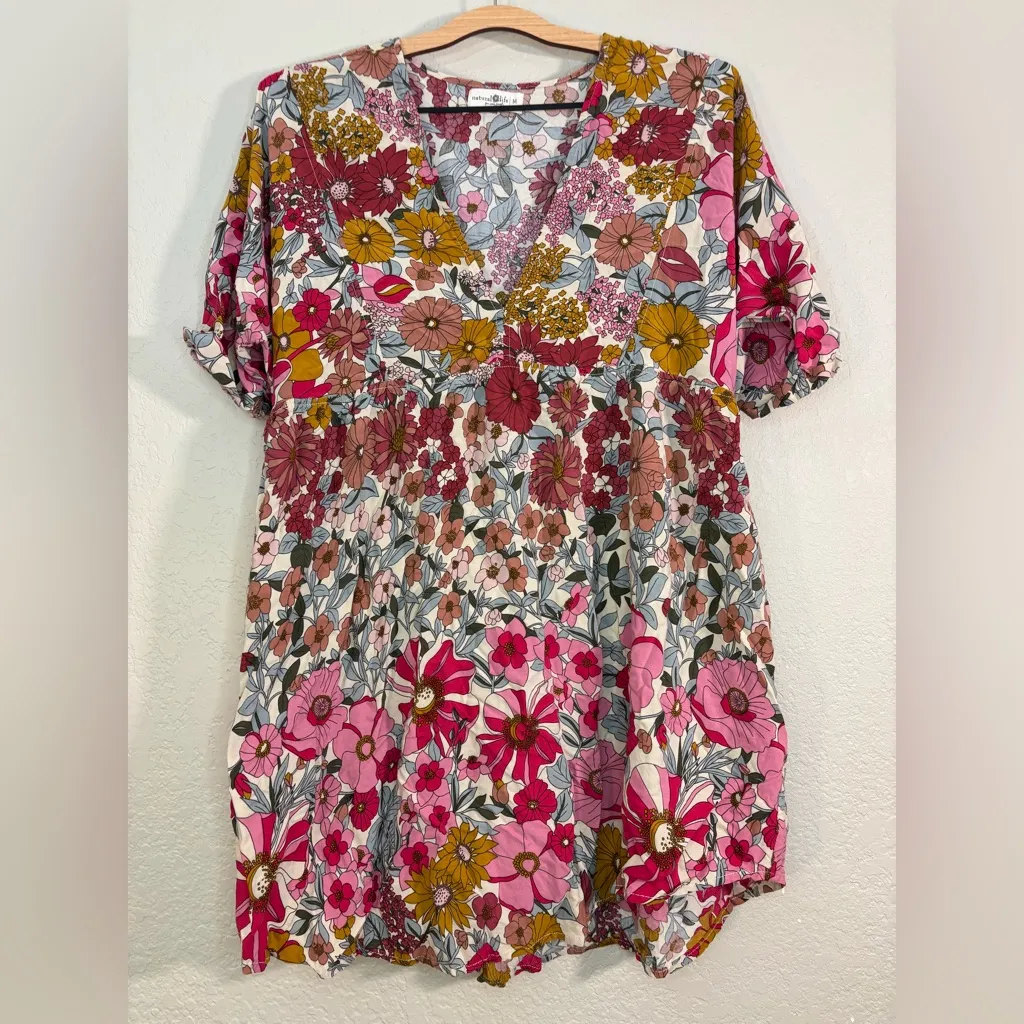 Natural Life Stella V-Neck Mini Dress Colorful Floral Size M - Image 4