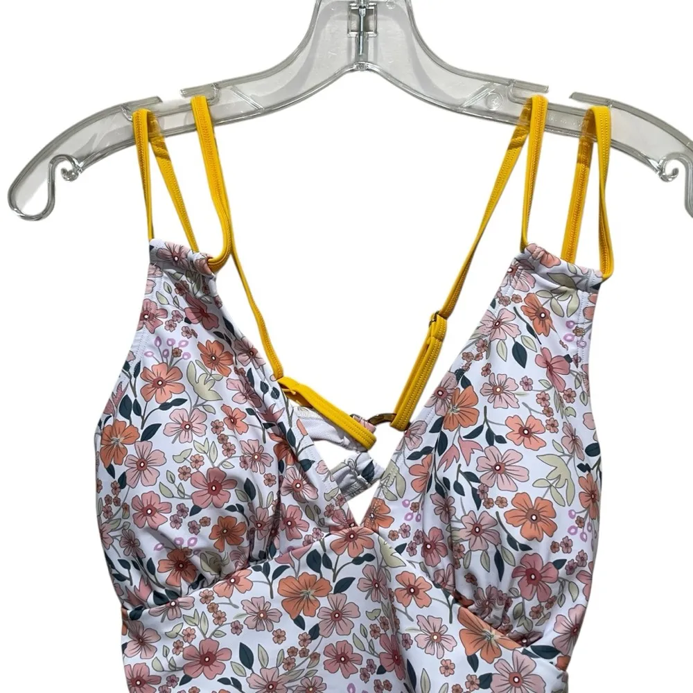AI'MAGE One Piece Swimsuit V Neck Ruched Crisscross Floral Print Size Medium Orange - Image 8