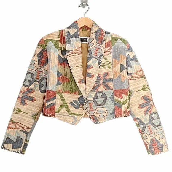 Rhonda Stark Jacket Blazer Southwest Tapestry Cropped Boho Tan Blue Size Medium Brown - Image 6