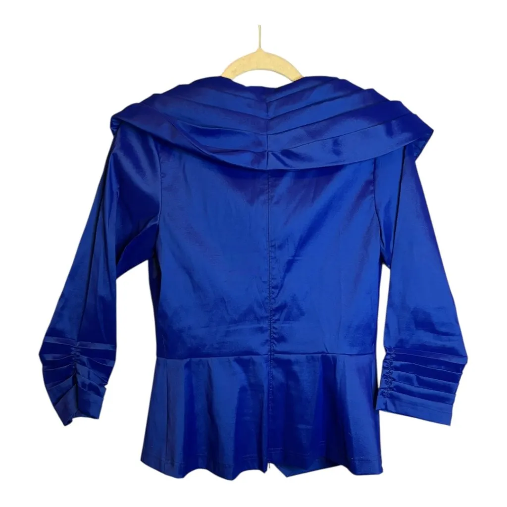 Tadashi Shoji Blouse Women's Size 10 Ruched Taffet V-Neck Formal Wedding Blue - Image 3