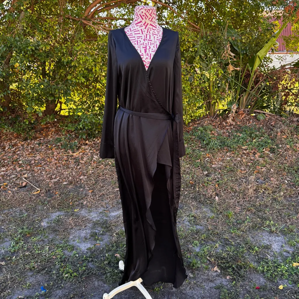 For Love & Lemons X Jaime King‎ La Lydia Black Satin High Slit Wrap Dress Size S - Image 4