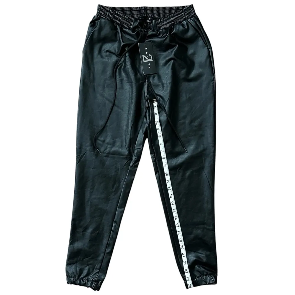 21 Saints Black Faux Leather Elastic Drawstring High Waist Joggers Size Small - Image 8