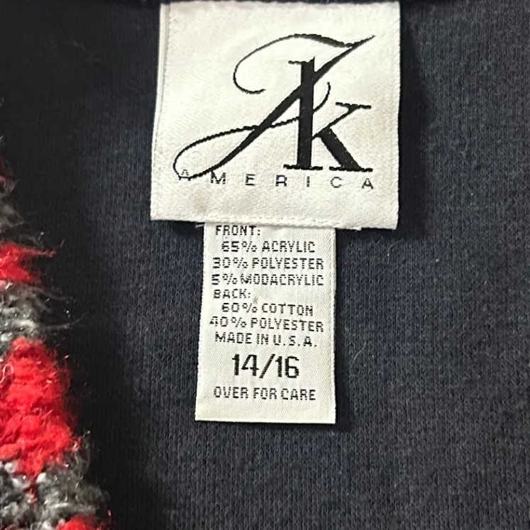 Vintage JK America Fair Isle Vest Fuzzy Knit Red Black Geometric Button Sz 14/16 - Image 4