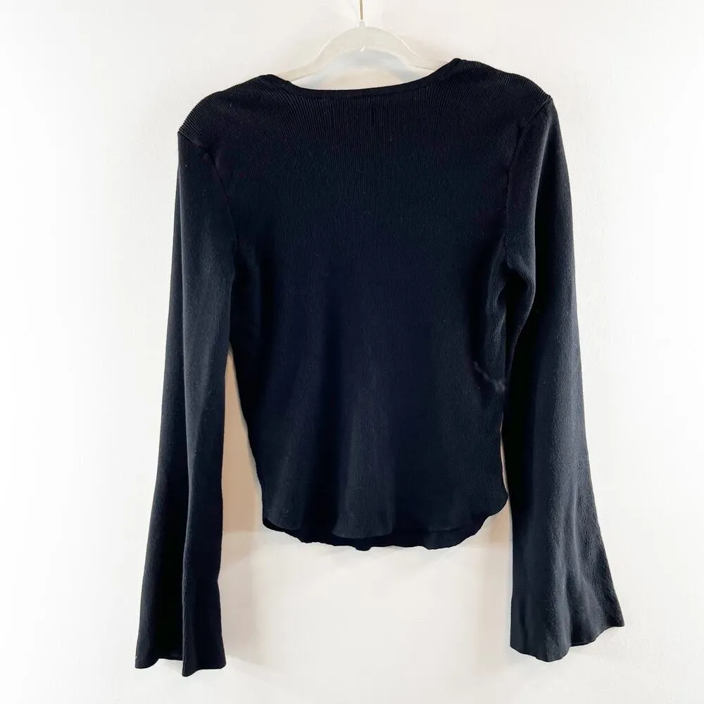 Maeve Anthropologie Square Neck Ribbed Bell Sleeve Sweater Black Medium - Image 6