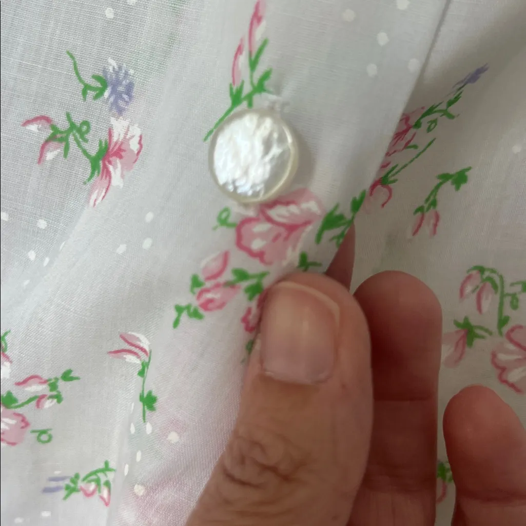 Vtg JCPenney Lounge House Dress Robe PEARL BUTTONS Coquette Floral Size Med + White - Image 8
