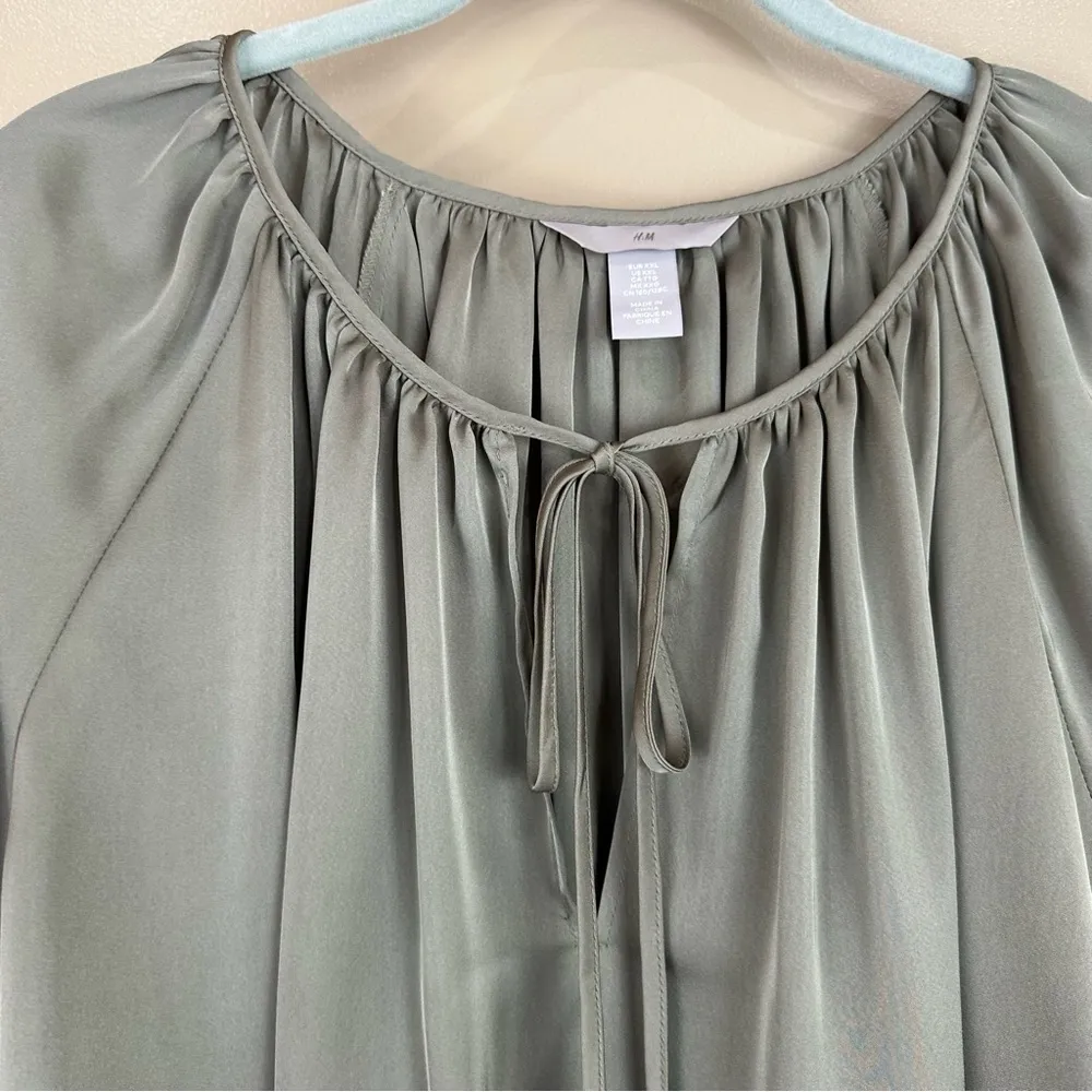 H & M Khaki Green Satin Oversized Tie Top Blouse XXL - Image 2