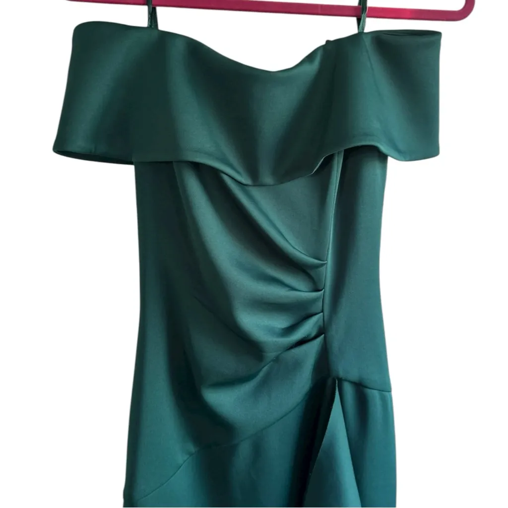 Xscape Off-The-Shoulder Dolly Scuba Ruffled Side-Slit‎ Gown Green 6 - Image 9