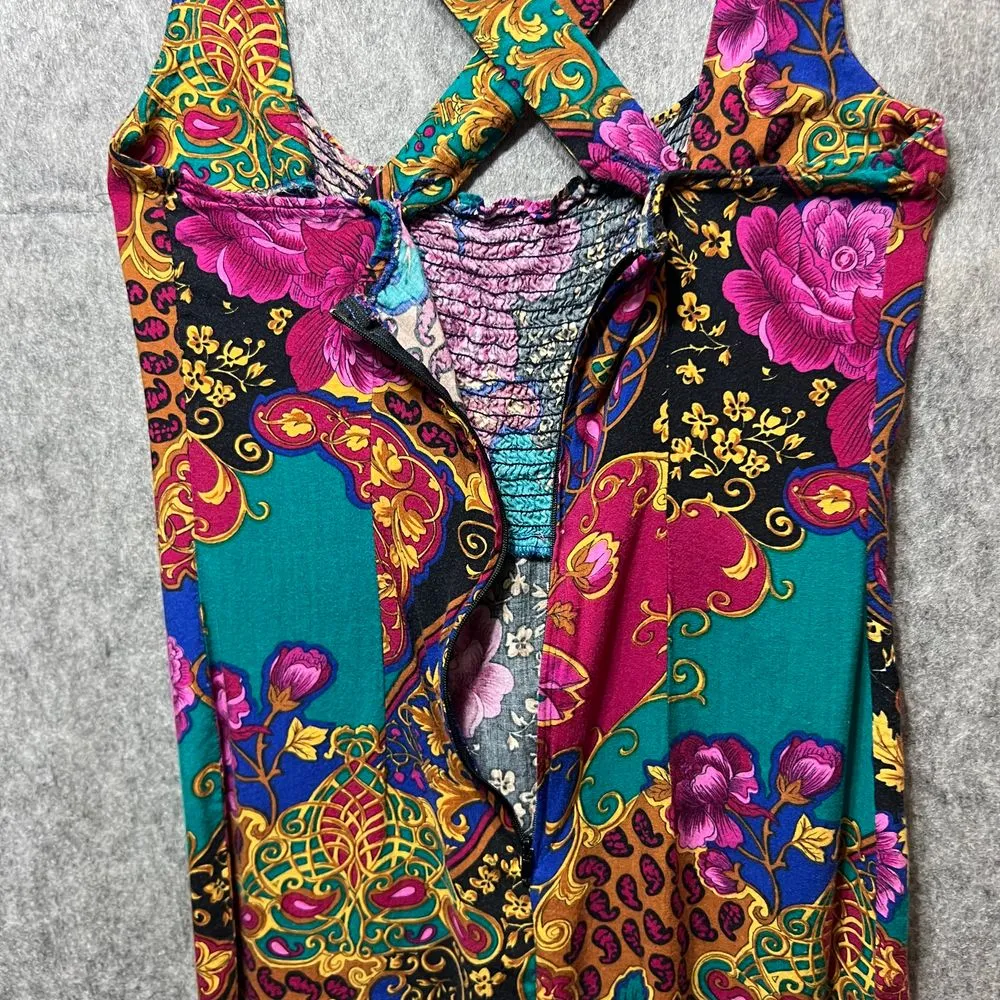 Vintage 90s Floral Midi Dress Cross Back Party Dress Rayon Sleeveless Summer‎ Gold Size undefined - Image 6