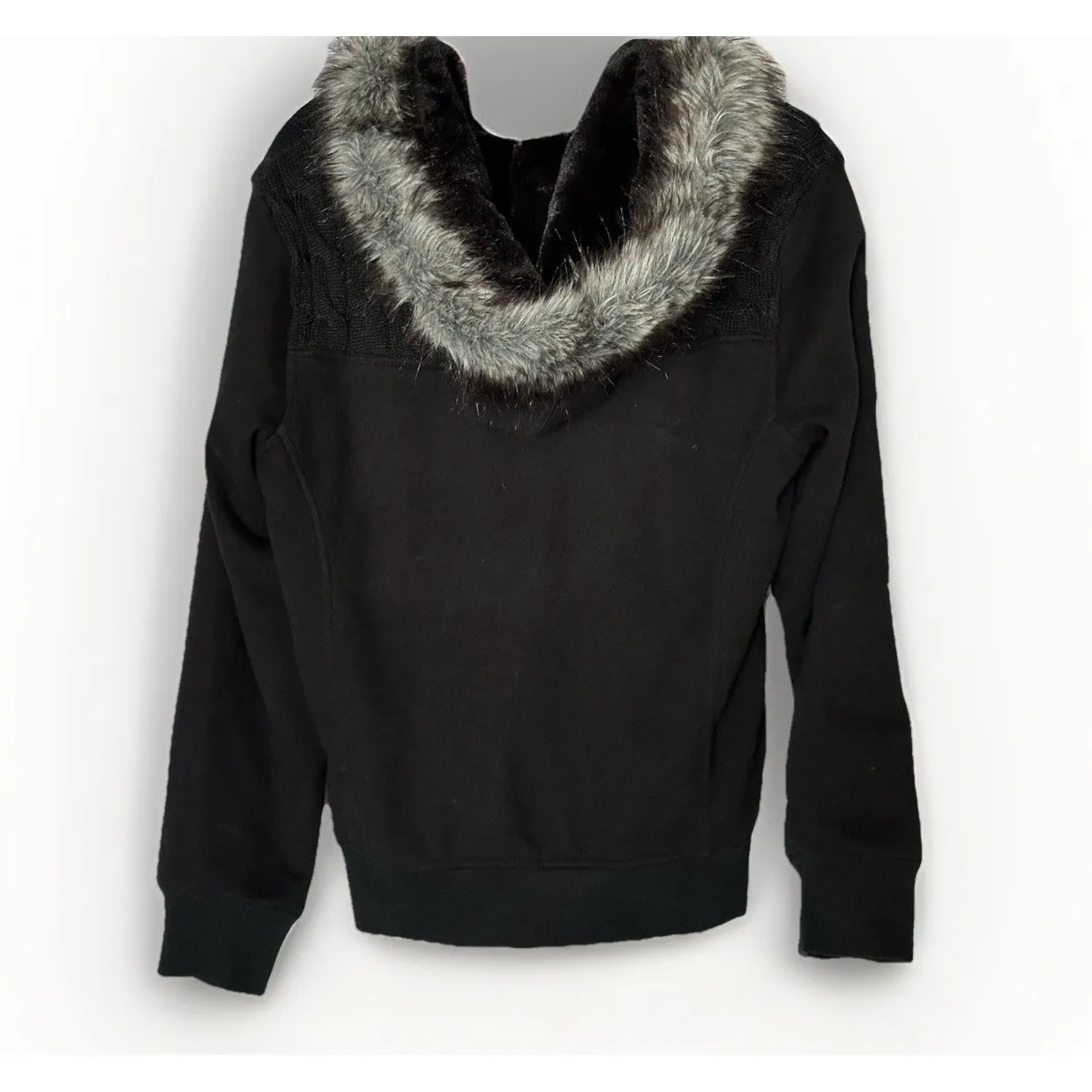 Green Tea Womens Black Faux Fur Lined Hoodie Sweater L Cable Knit Full Zip - Image 2