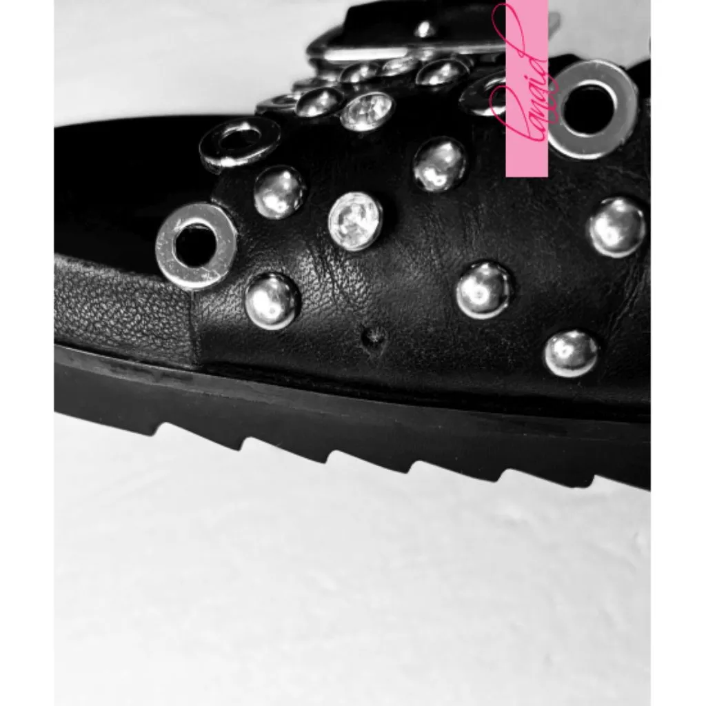 Ash Universe Slide Sandal Black Leather Studded Crystals Birks Flats Edgy Gothic - Image 9