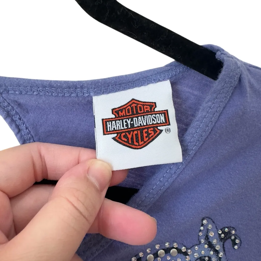 Vintage‎ Harley Davidson Rhinestone Tee Purple Biker Moto Cutout Myrtle Beach S - Image 4