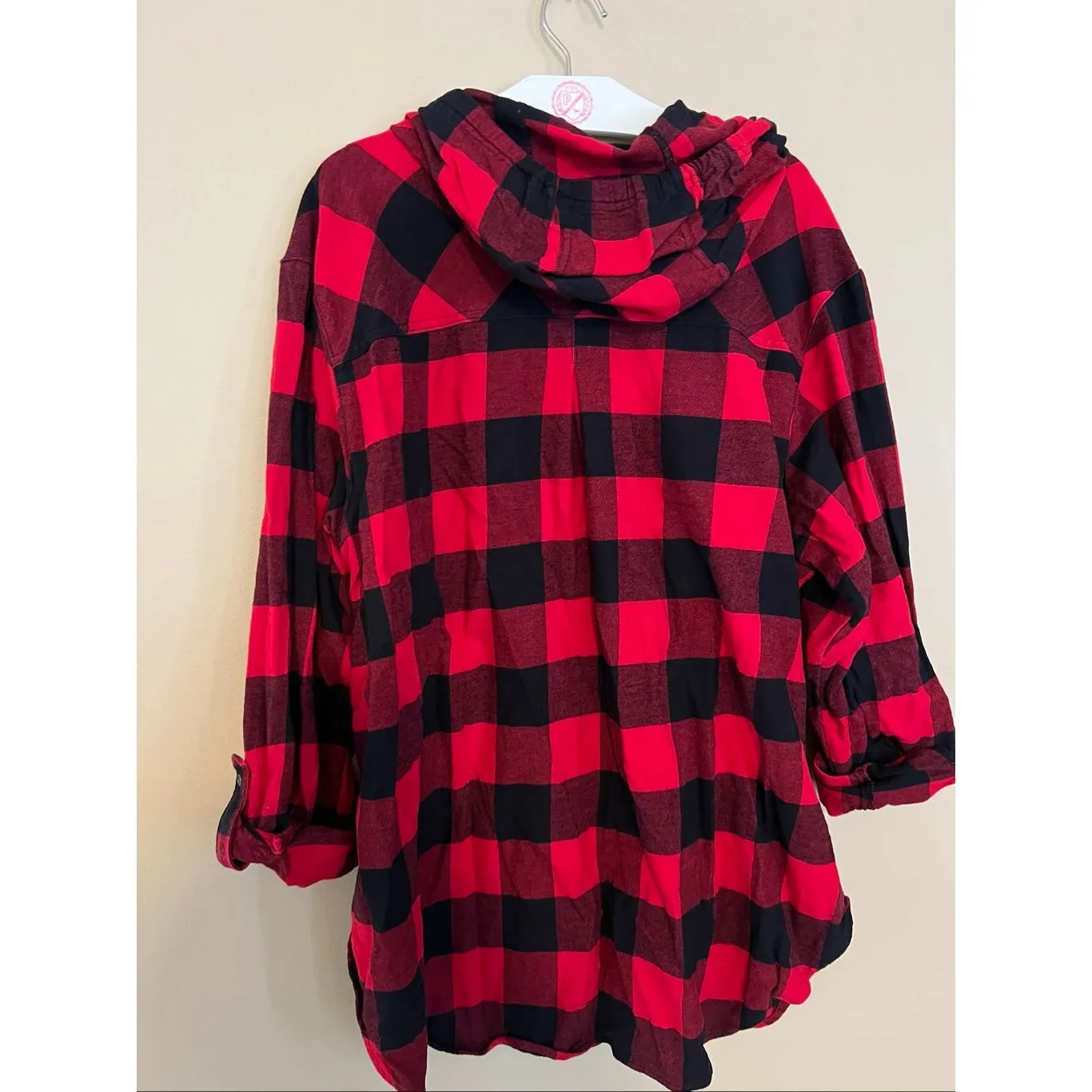Columbia Red And Black Plaid Hooded Flannel Top Woman’s Size 2X Flaws - Image 11